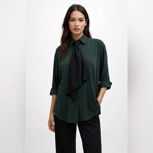 Zara Trafaluc Collection Dark Green Blouse with Black NeckTie Accent Size Medium